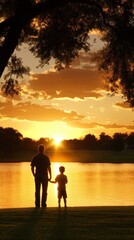 Fototapeta premium A silhouette of a parent and child by a lake at sunset, symbolizing connection and tranquility.
