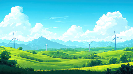 Obraz premium Wind turbines on the grassland, illustration