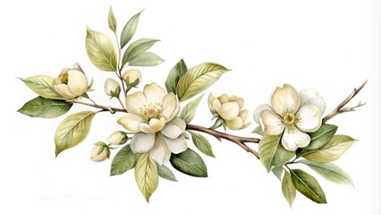 Watercolor painting of a branch of yellow plumeria flowers with green leaves on a white background. Watercolor of Tropical spring floral green leaves and flowers, bouquets greeting or wedding card