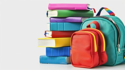 Stack of Colorful Books with a Teal Backpack and Small Red Bag
