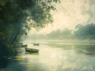 Serene River Flanked by Lush Vegetation Glimmering Sunlight and Traditional Fishing Boats in Atmospheric Mist