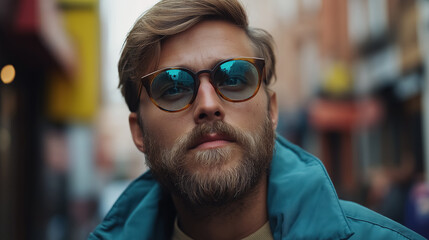 Fototapeta premium Stylish man with beard and sunglasses in urban setting
