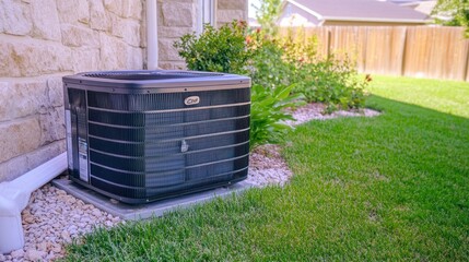 Outdoor air conditioning unit placed near a brick house. Home cooling system concept.