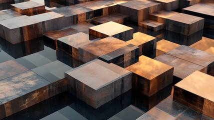 Floating blocks arranged in random patterns with varying textures and reflections