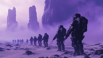 Fototapeta premium Futuristic Soldiers in Rigid Formation on Desolate Alien Planet with Hazy Purple Sky and Jagged Rock Formations