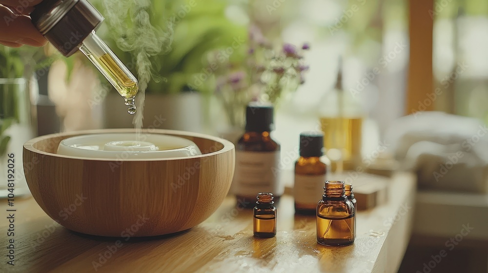 Poster a close-up of essential oils being added to a diffuser in a balanced, minimalist space with soft, ca