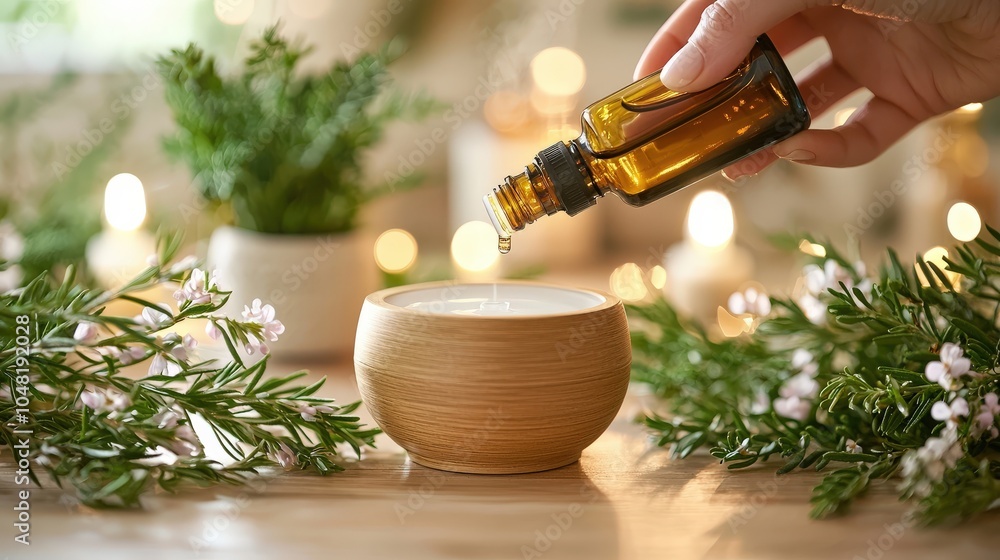 Poster a close-up of essential oils being added to a diffuser in a balanced, minimalist space with soft, ca