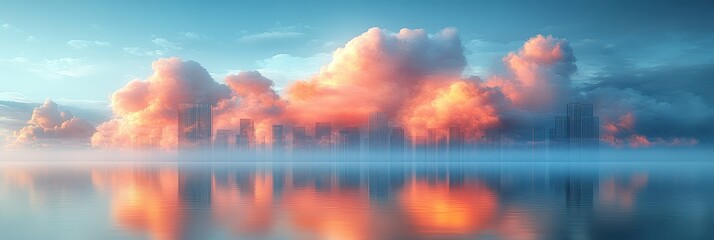 Obraz premium Cloud Reflections on Glass Facade, ethereal interplay of sky and structure, creating a dreamlike urban atmosphere, soft hues and textures blending