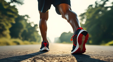 The legs of an athlete in sneakers running along the road. The main focus is on the runner's movement and athletic shoes.