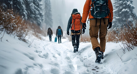 A group of tourists is moving along a snow-covered forest path. Outdoor activities in winter.