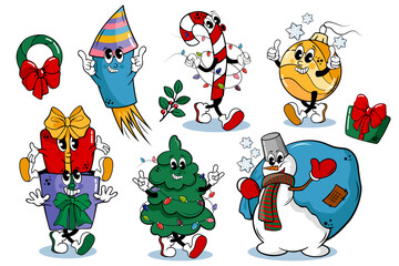 Fototapeta premium set of christmas drawn cartoon characters of gifts,snowman,ball,lollipop,fireworks and christmas tree