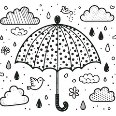 coloring page featuring a spotted umbrella, with raindrops falling on it