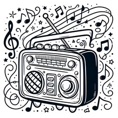 a coloring page featuring a retro radio with knobs, surrounded by music note