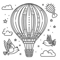 coloring page featuring a hot air balloon with stripes, floating in the sky with birds, children coloring pages