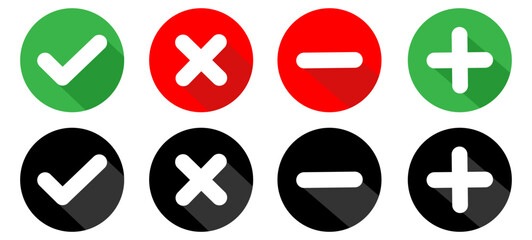 Set of flat square check mark, X mark, plus sign and minus sign icons, buttons isolated on a white background.