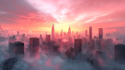 Fototapeta premium Breathtaking skyline at sunset a stunning view of iconic buildings surrounded by ethereal fog and vibrant colors
