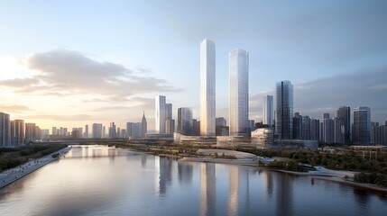 Fototapeta premium Stunning urban skyline overlooking a serene river a visual exploration of modern architecture and city life