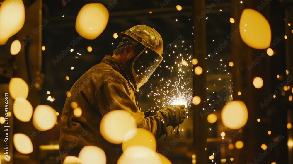 Poster a welder working with sparks flying in a dark industrial setting