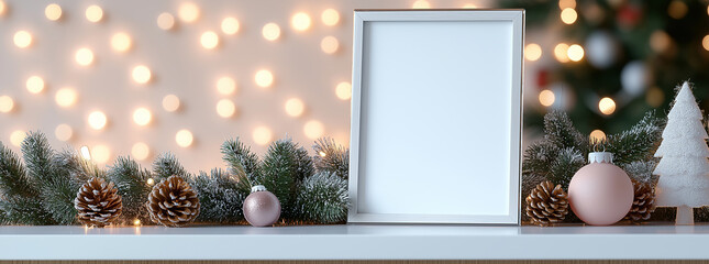 Mockup frame on a modern kitchen shelf, decorated with pastel colored Christmas garlands and...