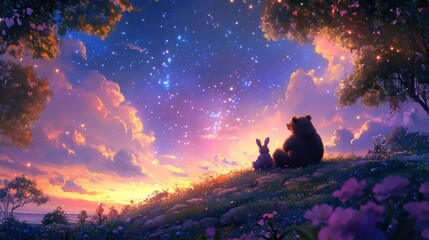 Fototapeta premium A serene scene of a bear and a rabbit gazing at a starry sky during sunset.