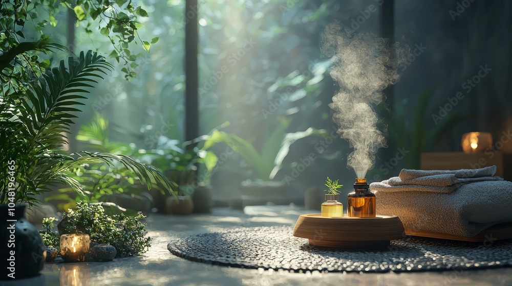 Poster a healing scene with tea tree oil diffusing in a calming spa setting, surrounded by natural material