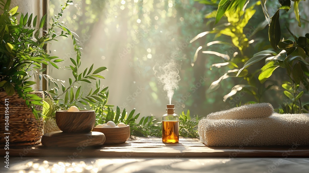 Poster a healing scene with tea tree oil diffusing in a calming spa setting, surrounded by natural material