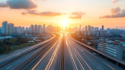 Fototapeta premium Vibrant sunset over urban skyline a dynamic view of highways and skyscrapers in motion