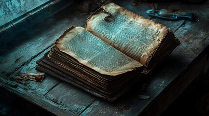 Obraz premium Weathered Leather Bound Book with Aged Parchment Pages on Rustic Wooden Table