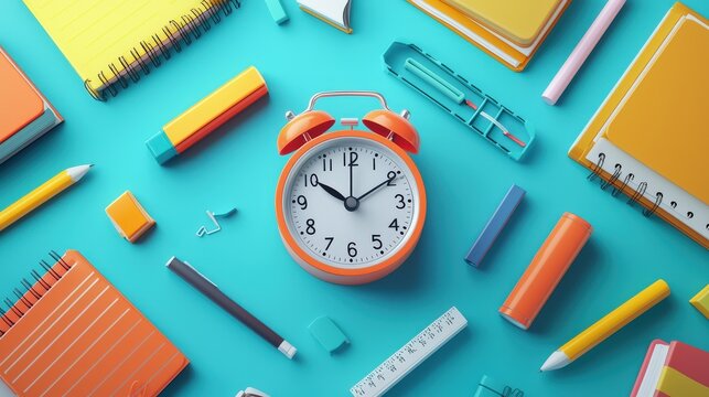 A high-resolution minimalist illustration showcasing an alarm clock surrounded by essential school supplies icons, including textbooks and highlighters, on a clean backdrop.