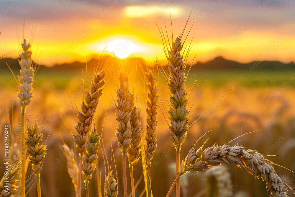 Poster a field of wheat with the sun setting in the background