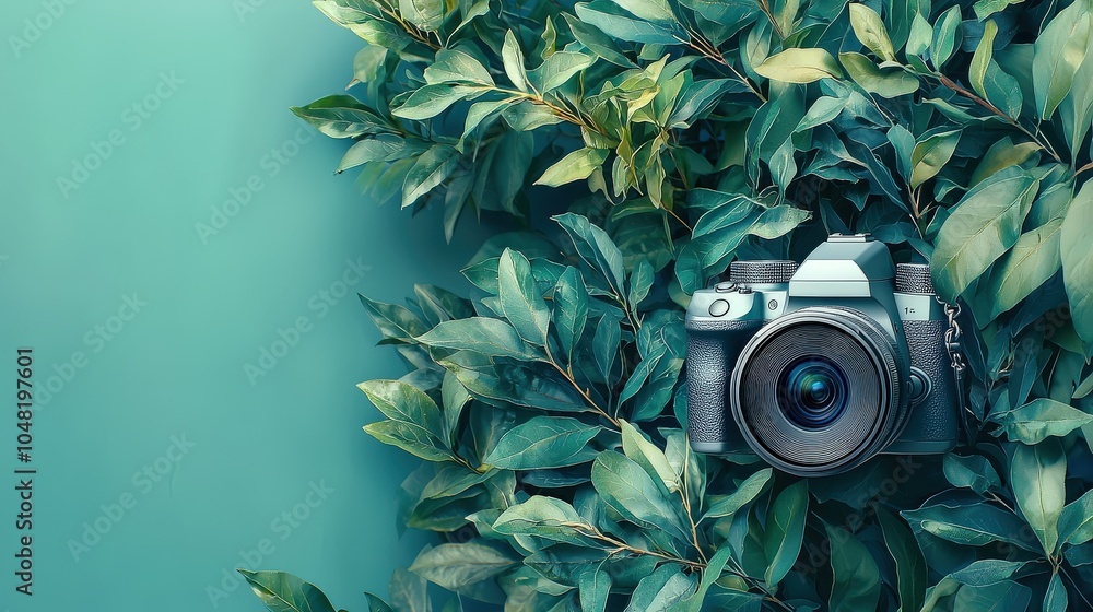 Poster a high-tech depiction of an ai-powered camera differentiating between green foliage shades, beautifu