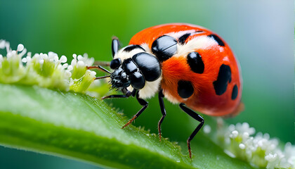 Fototapeta premium ladybug on a green leaf, wildlife photography