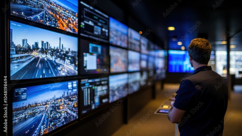 Aufkleber a security operator monitoring city traffic on a wall of monitors