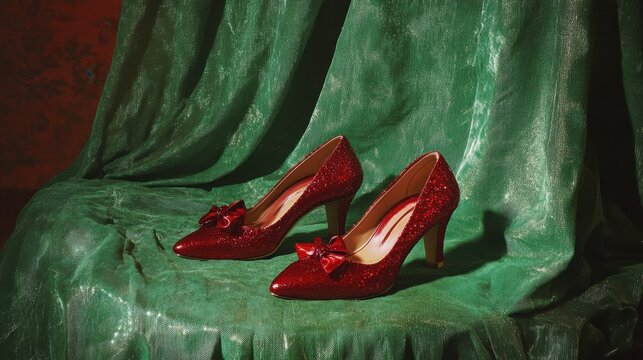 Elegant ruby slippers displayed on an emerald green backdrop, symbolizing fashion and fantasy.