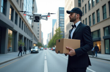 Modern urban package delivery by drone in city street scene