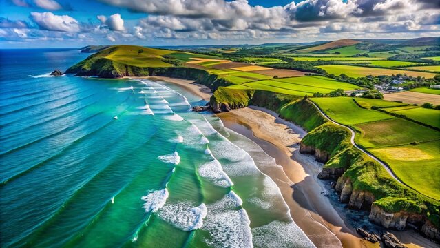 Drone View of Hills and Garrarus Beach in Waterford, Ireland - Stunning Irish Coastline Aerial Landscape Photography