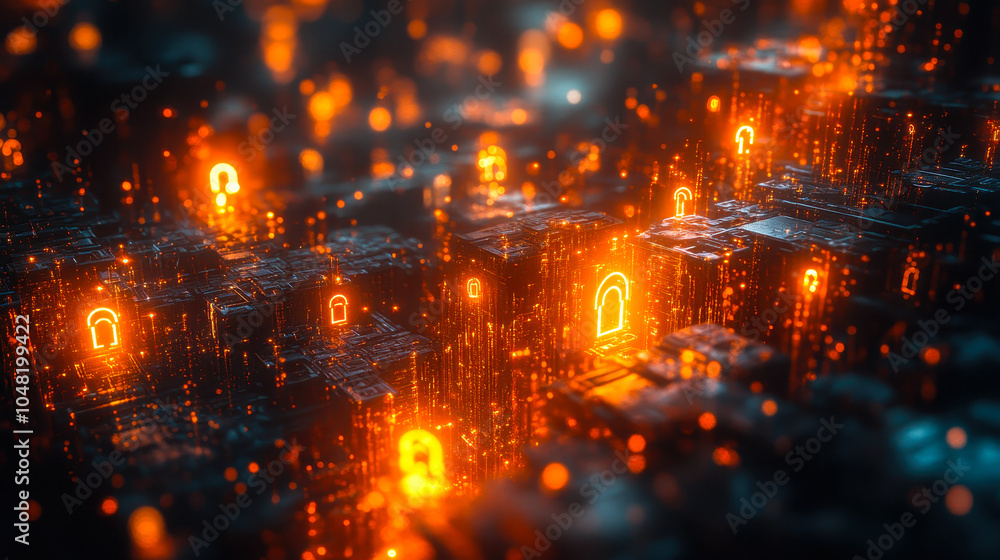 Aufkleber advanced cybersecurity network of interconnected locks and keys in digital light representation