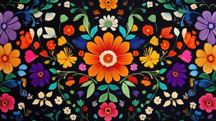 Festive and colorful floral motifs on a patterned wallpaper, representing Hispanic Heritage Month, vibrant colors reflecting the culture richness.