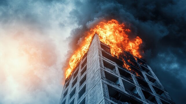 A tall building engulfed in flames under a stormy sky, depicting a scene of fire and destruction.