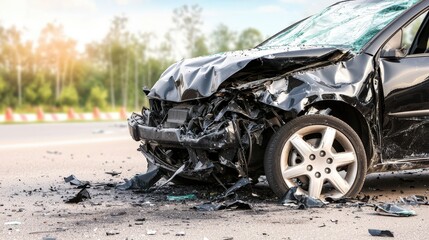 A damaged black car sits on the roadside after a collision, showcasing significant front-end destruction and debris scattered around.
