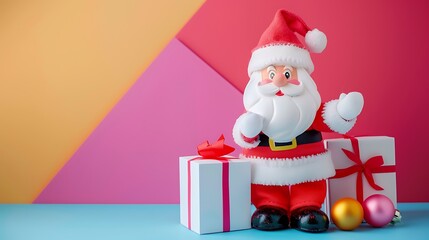 Toy cartoon santa with white gift boxes isolated on colorful background