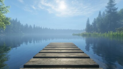 Fototapeta premium A simple wooden platform stretching into a quiet lake, with soft reflections on the water and a clear sky above.
