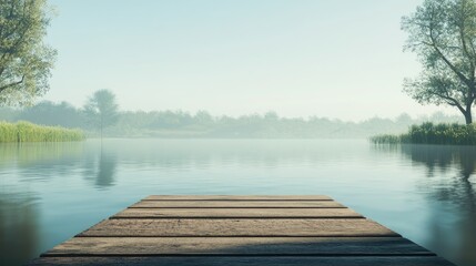 Fototapeta premium A simple wooden platform stretching into a quiet lake, with soft reflections on the water and a clear sky above.
