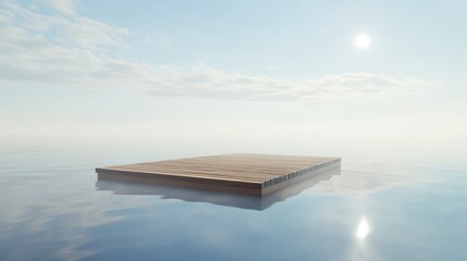 A simple wooden platform stretching into a quiet lake, with soft reflections on the water and a clear sky above.