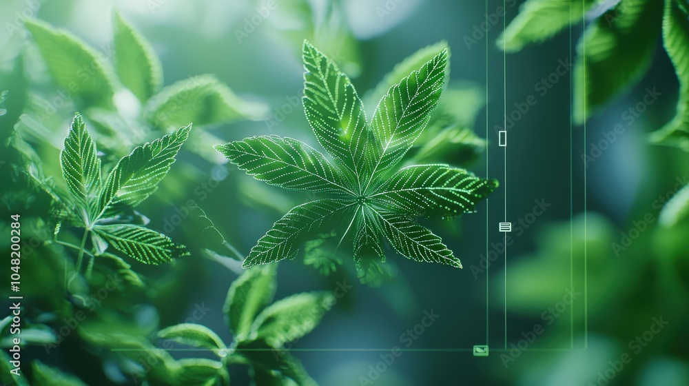 Poster a modern ai camera in action, analyzing and classifying green shades in foliage, presented in a mini