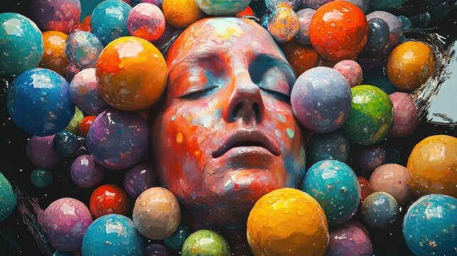 A surreal composition of a human head surrounded by colorful orbs, depicting the altered perception of a medicated state.