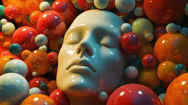 A surreal composition of a human head surrounded by colorful orbs, depicting the altered perception of a medicated state.
