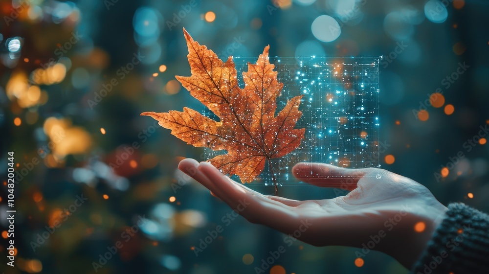 Poster a modern ai interface illustrated in action, recognizing and analyzing natural colors in a forest en