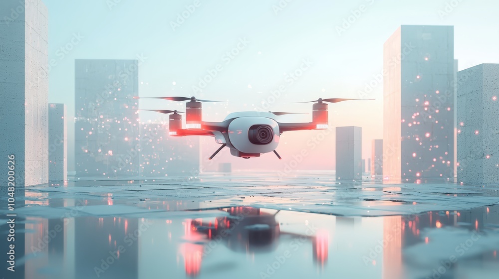 Poster A modern AI-powered drone depicted in action, capturing images and analyzing color patterns for object recognition, set against a simple, clear backdrop.