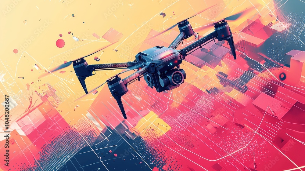 Poster a modern ai-powered drone depicted in action, capturing images and analyzing color patterns for obje
